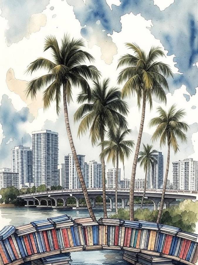 Watercolor illustration of Miami palm trees and skyline with a bridge made of colorful books